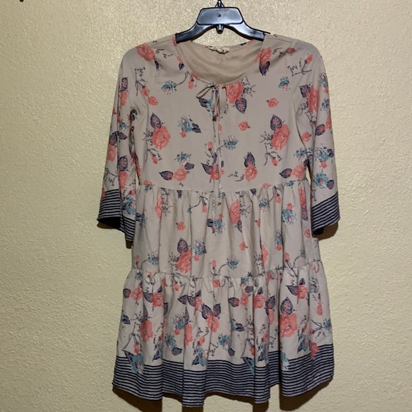 Bo Bel Dress Mini Size S Tiered Floral Pink Blue Gray Cream Long Tunic - Picture 1 of 15